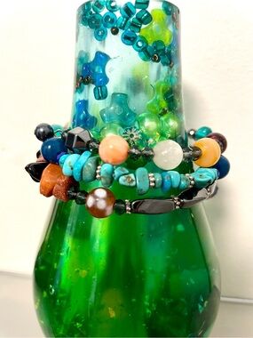 Handmade Multi-Color Bead wire wrap Bracelet - different stones and beads